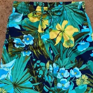 Talbots Blue And Green Tropical Print Drawstring‎ Waist Flowy Straight Leg Pants